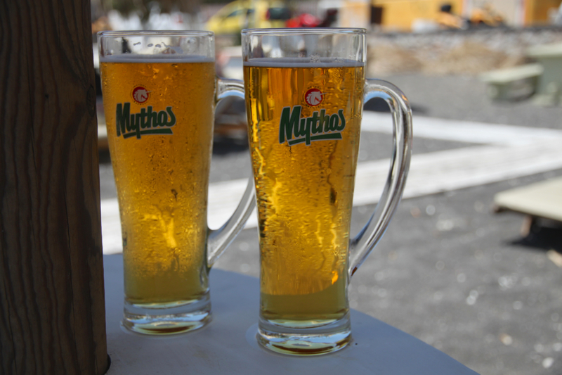Mythos beer on the beach in Santorini