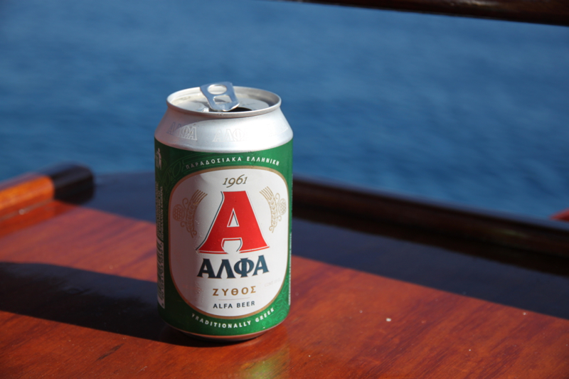 An Alpha beer in Santorini Greece