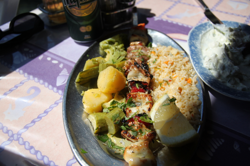 Squid kebab plate on Santorini